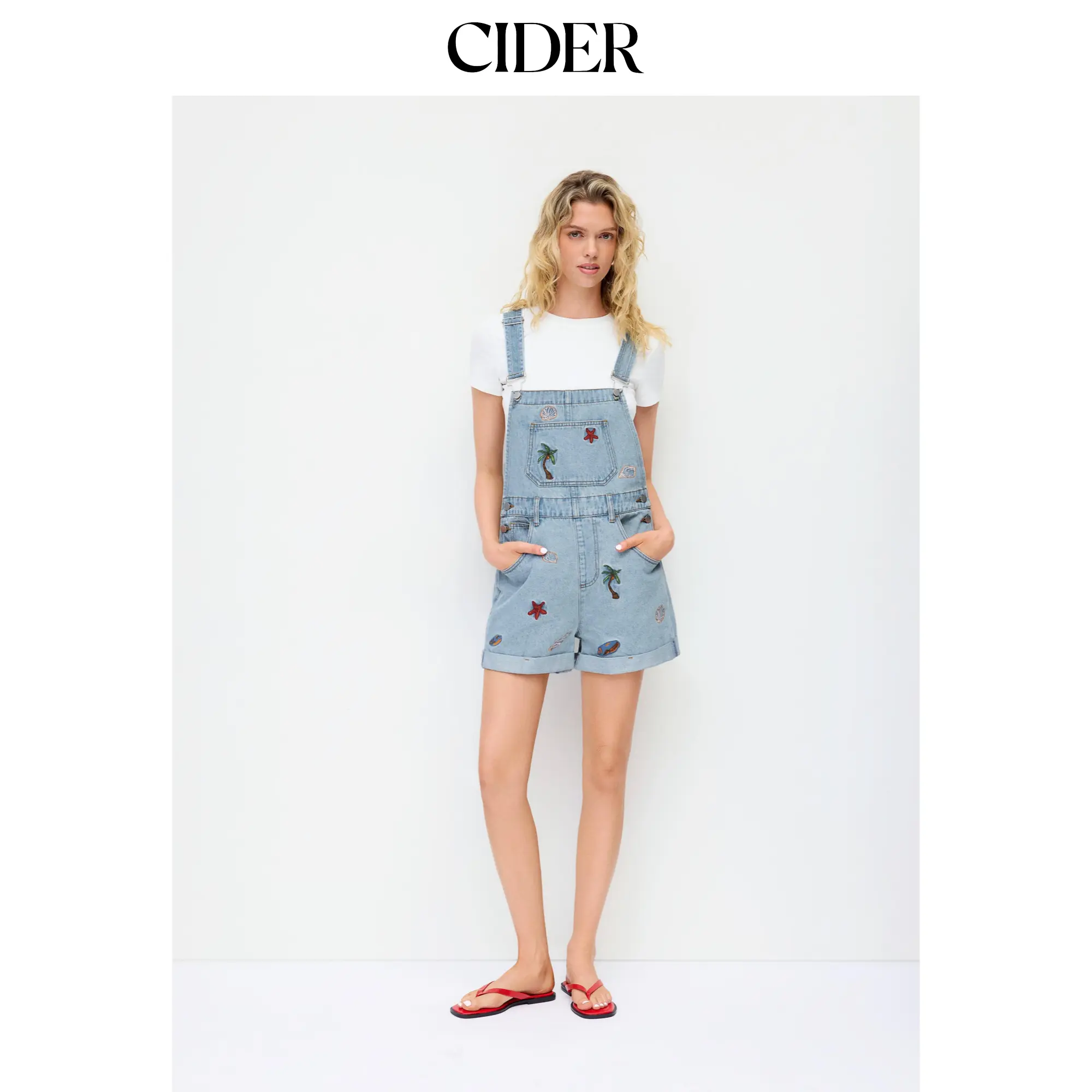 Cider Denim Washed Embroidery Mid Rise Metal Detail Oversized Short Overalls