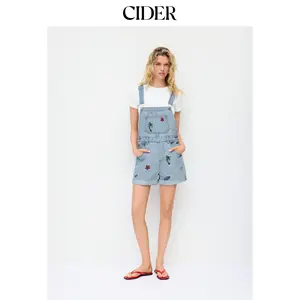 Cider Denim Washed Embroidery Mid Rise Metal Detail Oversized Short Overalls