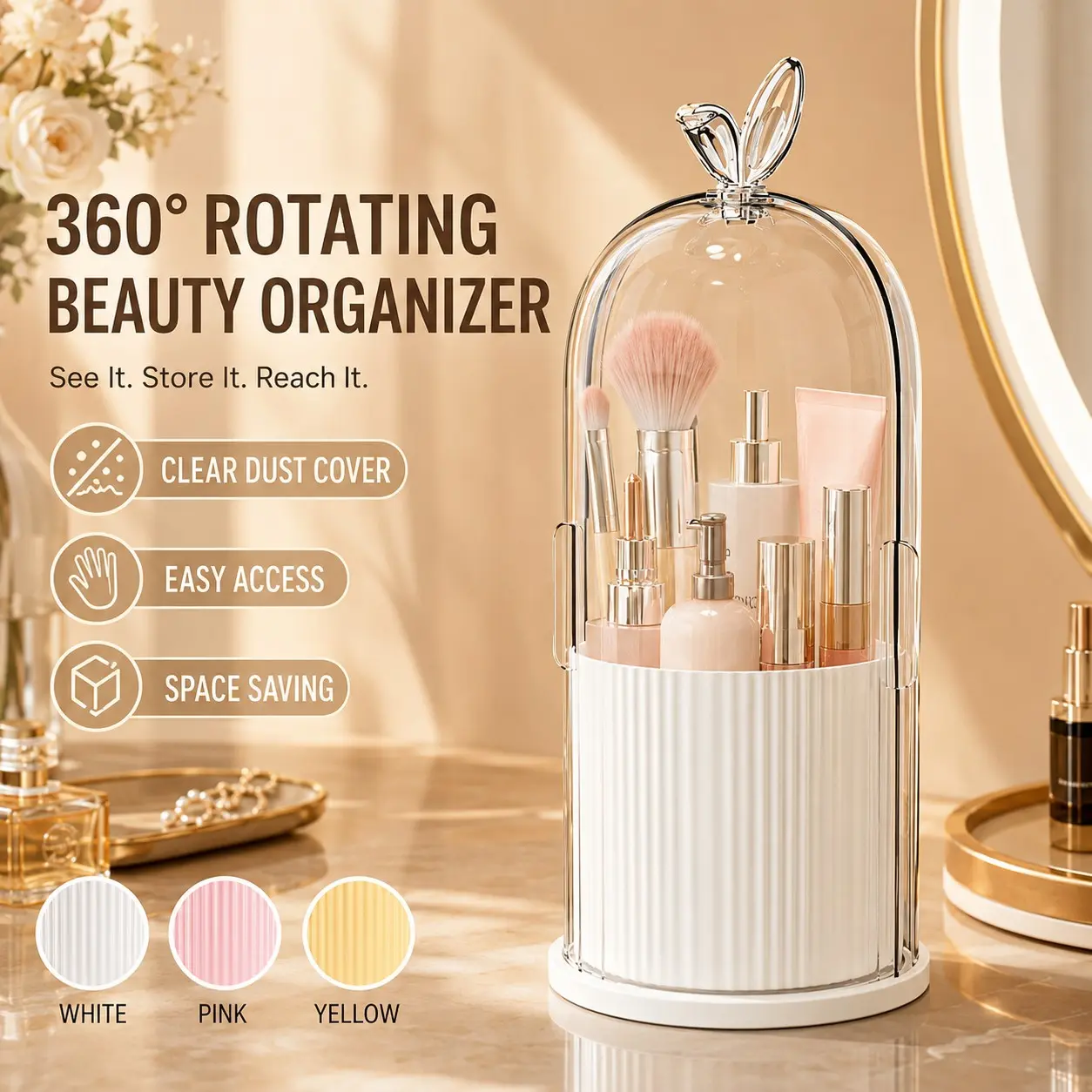 360° Rotating Makeup Organizer with Clear Dust-Resistant Cover, Cute Rabbit Ear Cosmetic Storage Box for Brushes, Skincare & Lipsticks, Stylish Space-Saving Organizer for Vanity, Bathroom, Bedroom & Desktop