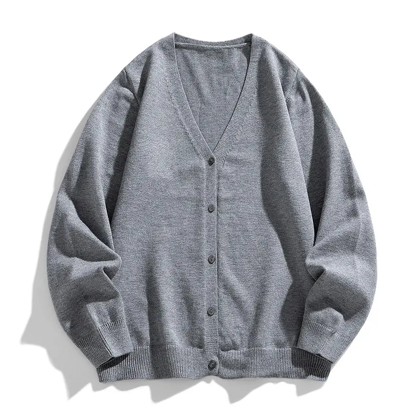 V-neck button front knit cardigan, smooth plain knit fabric, ribbed cuffs and hem, classic solid design, relaxed regular fit, lightweight versatile knit outerwear for spring autumn daily casual layered outfits