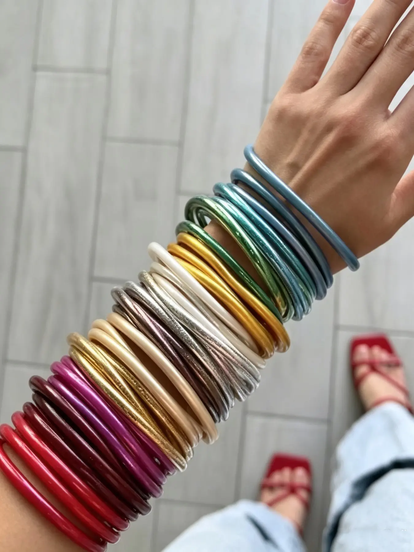 Mixed Color Glitter Silicone Bangle Bracelets 36 Pcs Set, Stackable Thin Rubber Bangles, Daily Wear Versatile Wrist Jewelry Gift for Women, Christmas Birthday Holiday Present