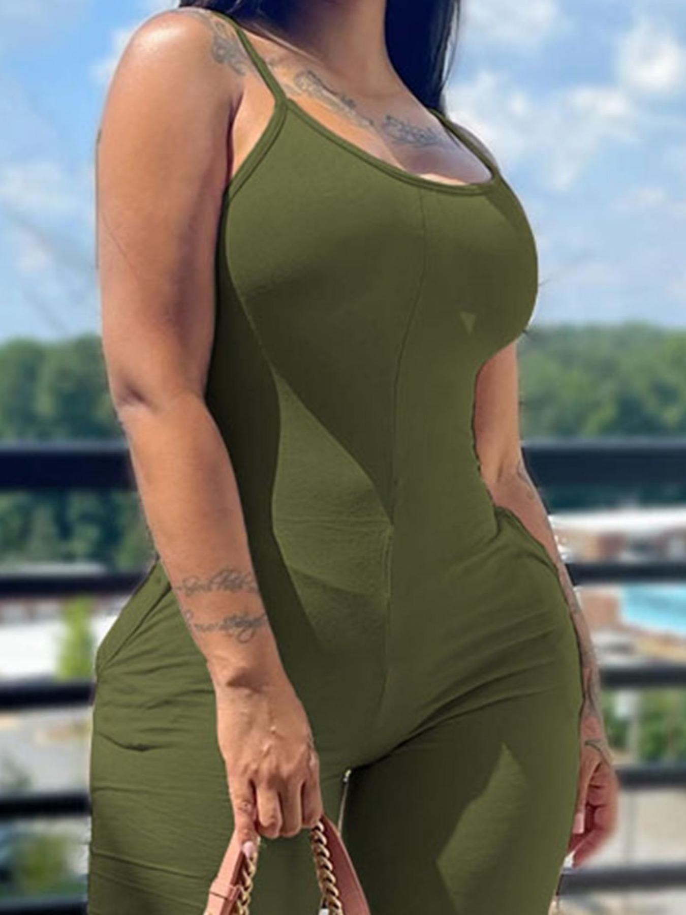 Women's Fashion Sleeveless Knit Bodycon Jumpsuit, Plain Color Pocket Design, Casual Summer, Tight-Fitting One-Piece Dress