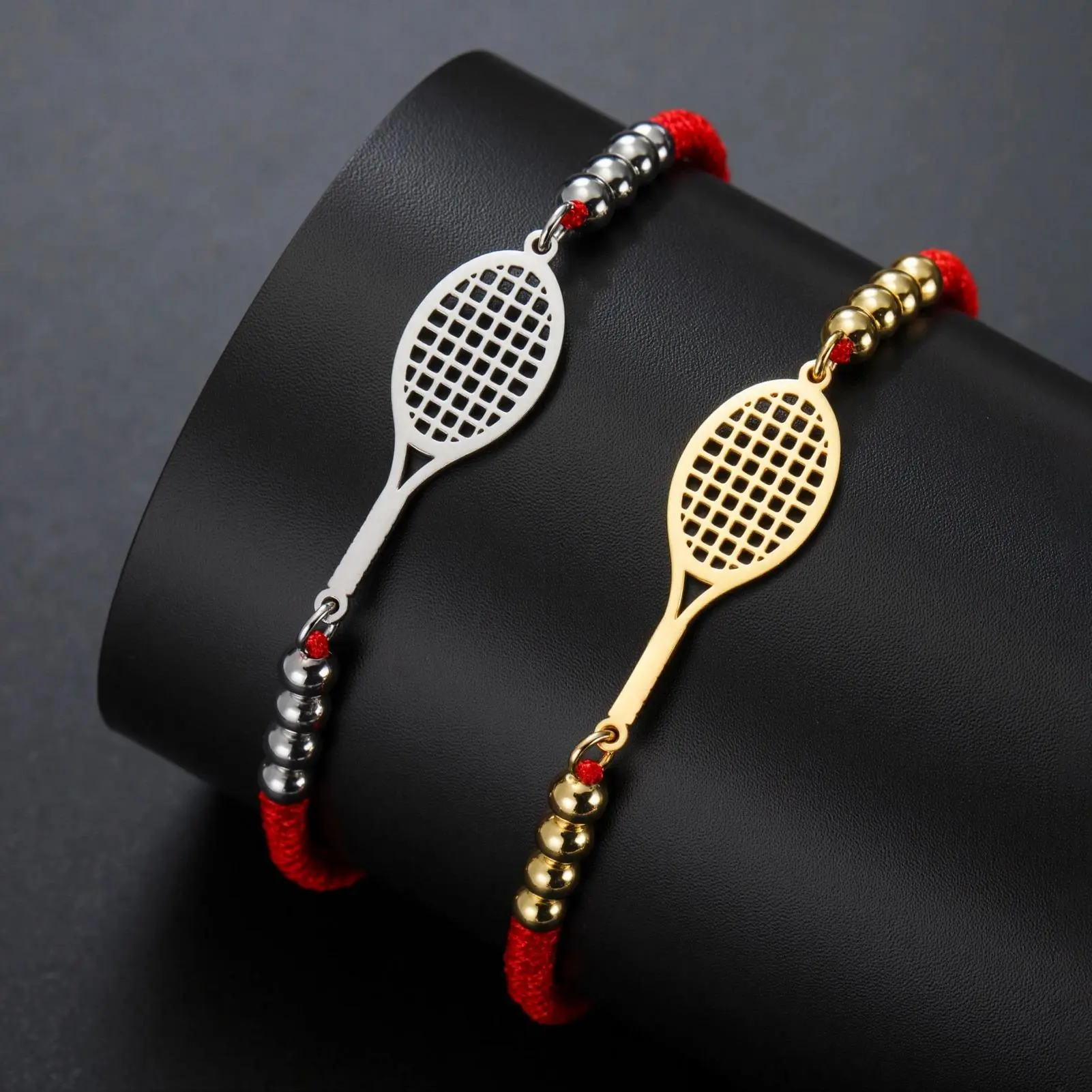 Tennis Racket Charm Bracelet in Stainless Steel with Beading Detail, Adjustable for Unisex Wear, Sporty Everyday Couple's Gift, Everyday Use, Racket Shape