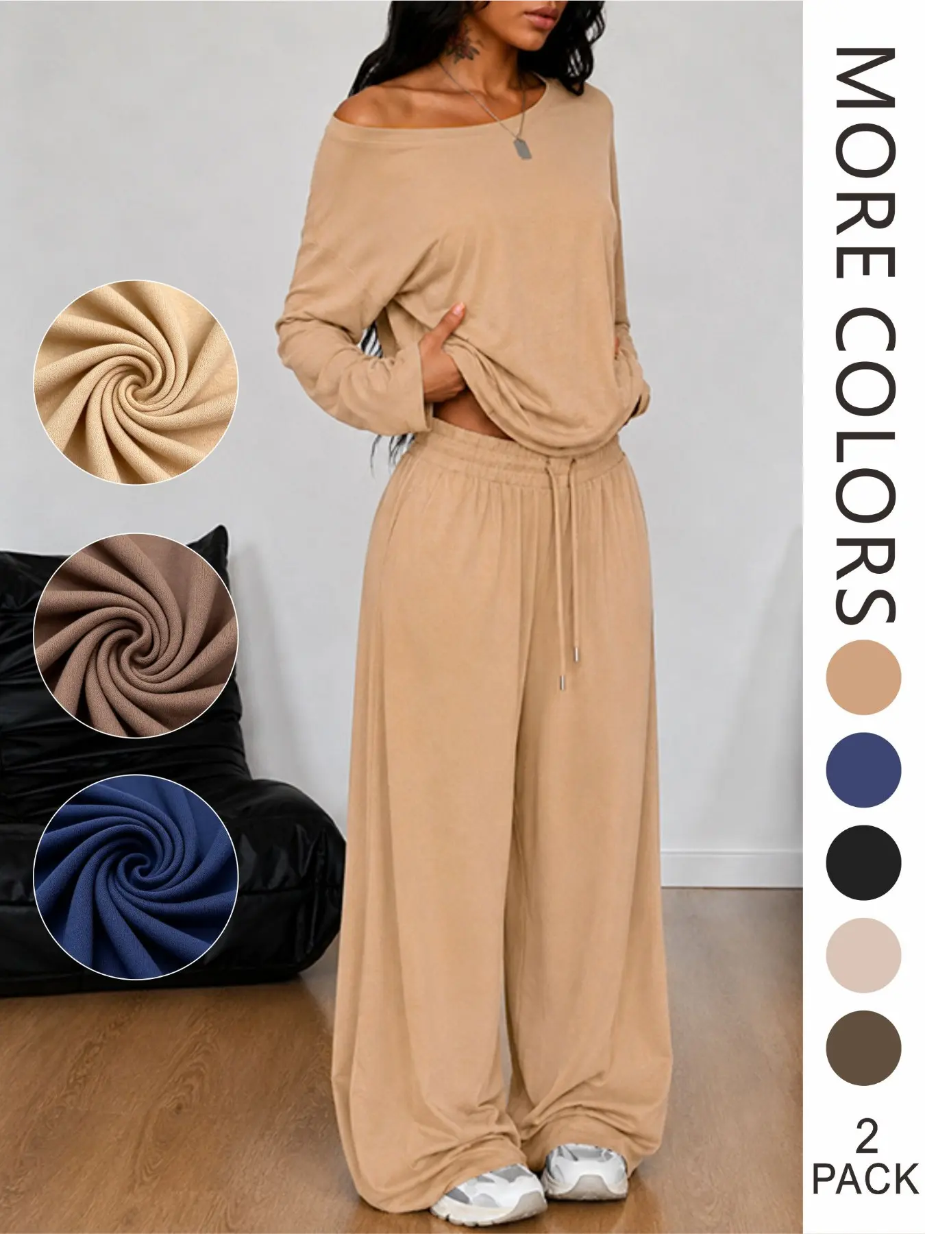 Women's Loose Knit Solid Basic Two-Piece Set, Long Sleeve Top and Wide Leg Pants, Casual Comfortable Slim Fit, High Waist Daily Wear