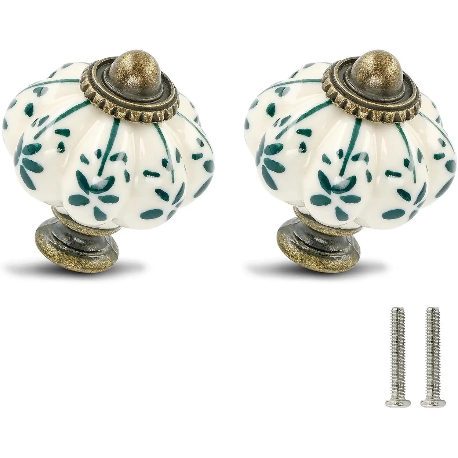 Ivory & Green Ceramic Pumpkin Knobs 6 Pack Vintage Cabinet Drawer Pulls with Screws, Antique Dresser Pulls, Green Flower DesignGift