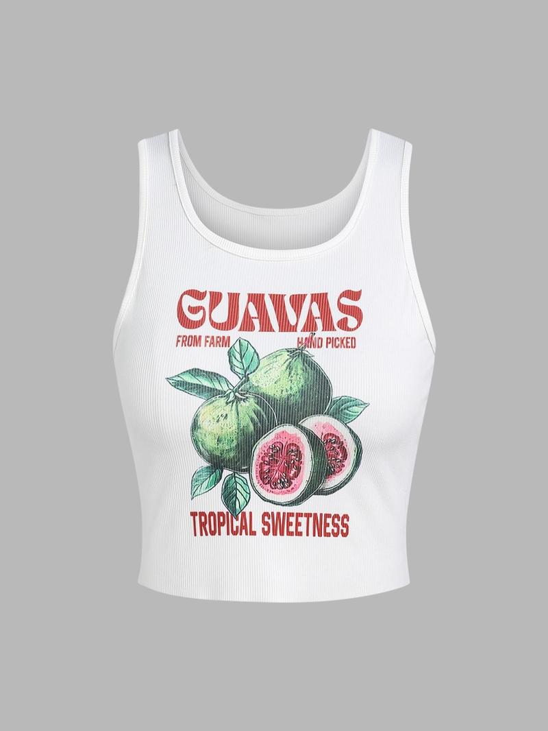 Women's Letter & Fruits Print Crop Tank Top, Casual Scoop Neck Sleeveless Top for Daily Wear, Ladies Clothes for All Seasons