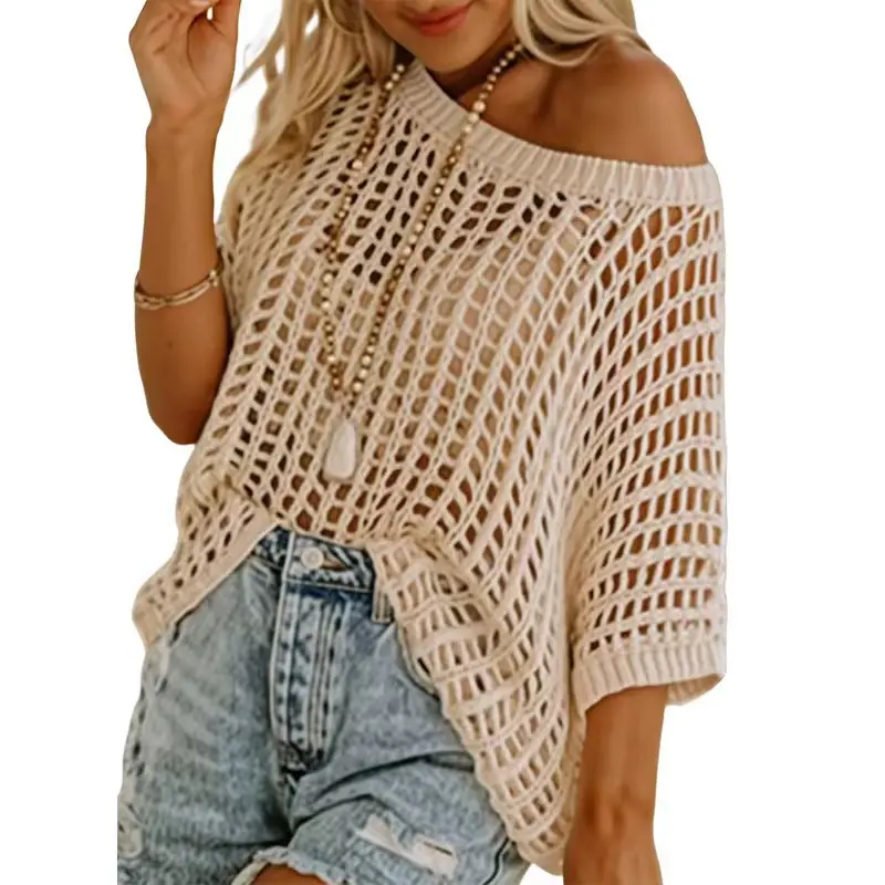 Women's Hollow-Out Knit Beach Cover Up, Elegant Grey Oversized Cotton Linen Cardigan, Lightweight Off Shoulder Summer Top, Xxxl, Fall Naturally