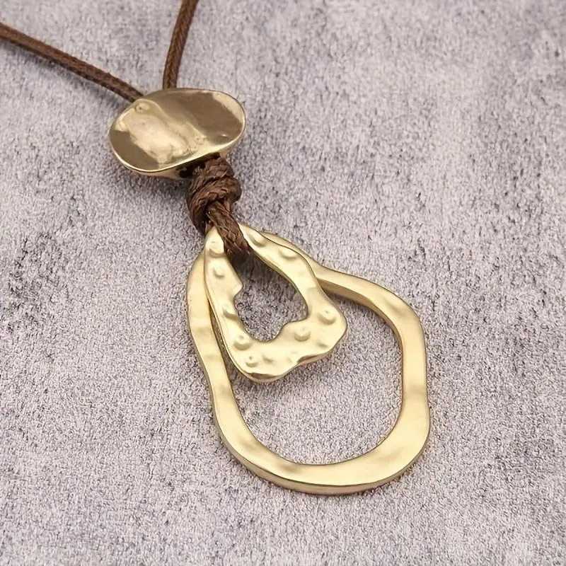 1 Boho Style Brown Leather Geometric Irregular Round Hollow Long Pendant Necklace | 14K Golden Plated, Zinc Alloy, Suitable for Daily Wear and