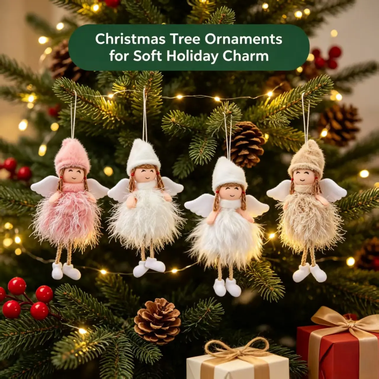 Plush Angel Girl Christmas Ornament, Feather Tassel Tree Decoration, Gift Boxed Mini Figurines, Home Party Festival Accessories, Set of 4