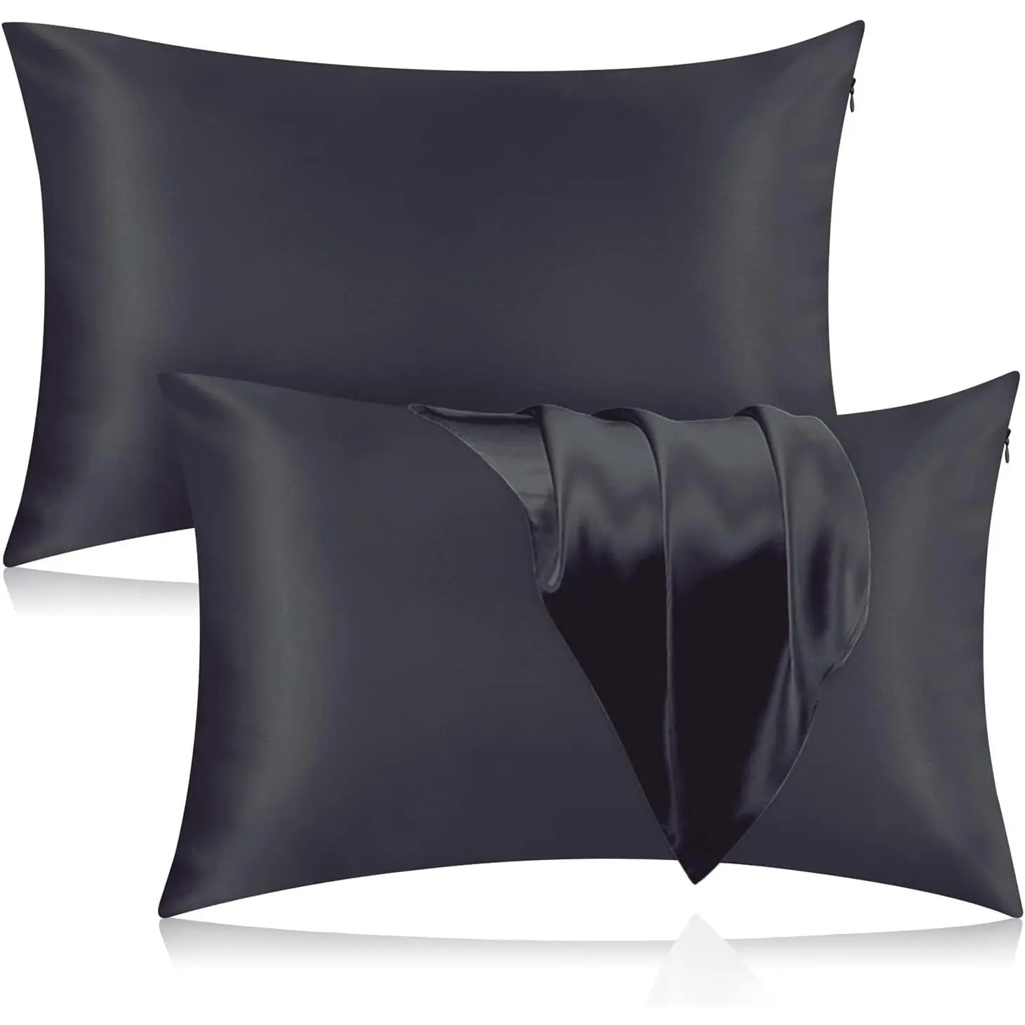 Silk Pillowcase for Hair and Skin, 2 Pack 100% Mulberry Silk Pillowcase 25 Momme, 600 Count, Both Side Pure Silk Pillow Cover with Hidden Zipper (BlackGray, Standard 20''*26'')