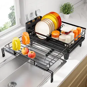 Dish Drying Rack - Large Dish Racks for Kitchen Counter, Extendable Sink Dish Drainer, Rustproof Dish Strainer with Utensil Holder, 1 Tier Black