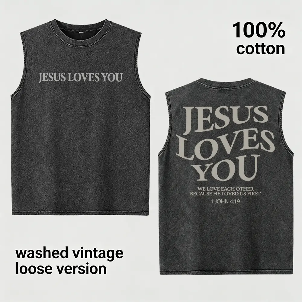 Men's Vintage Washed Tank Top Jesus Loves You Graphic Muscle Shirt 100% Cotton Faith Christian Streetwear Sleeveless Tee