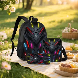 Colorful Neon Mecha Helmet 3-Piece Backpack Set, featuring a cyberpunk luminous design, includes a backpack, lunch bag, and pencil case. Made of lightweight and durable polyester material, with adjustable shoulder straps and breathable back panel with sid