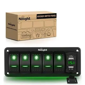 Nilight 5Gang Aluminum 5Pin ON/Off Green Rocker Switch Panel w/ 4.8 Amp Dual USB Charger Voltmeter