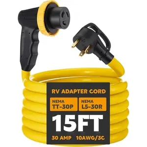 15ft 30 Amp RV Adapter RV Extension Cord with Locking Connector Plug NEMA TT-30P to L5-30R, Generator Extension Power Cord Adapter Plug with 90? Grip Handle, 10AWG/3C STW, ETL Listed