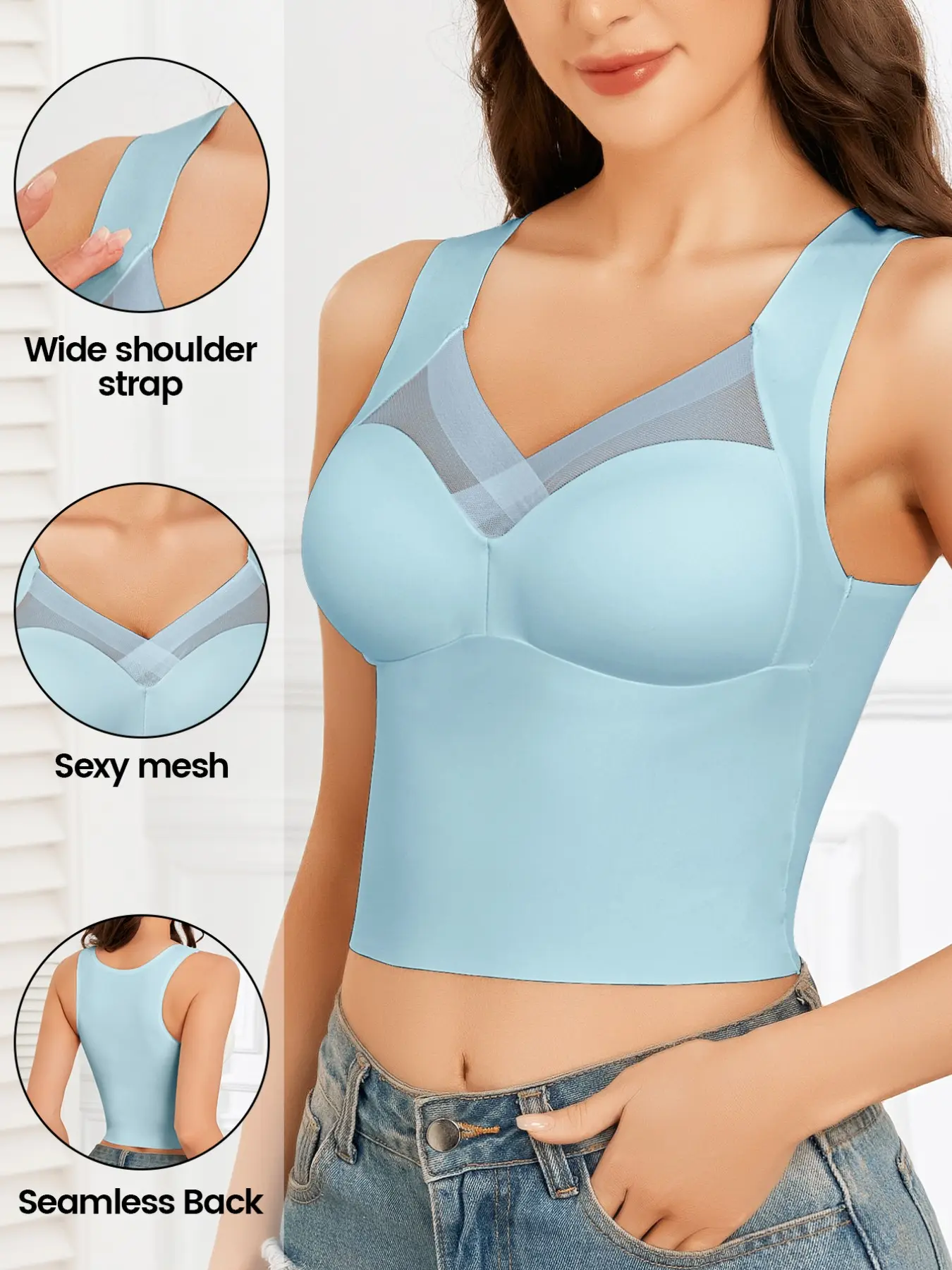 Women's Seamless Bralette, Casual Full Coverage Plunge Cup, Wireless Medium Support, Contrast Mesh Design, Comfortable Stretch Fabric, All Seasons