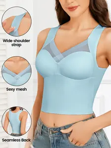Women's Seamless Bralette, Full Coverage Plunge Cup, Wireless Medium Support, Contrast Mesh Design, Comfortable Stretch Fabric, All Seasons