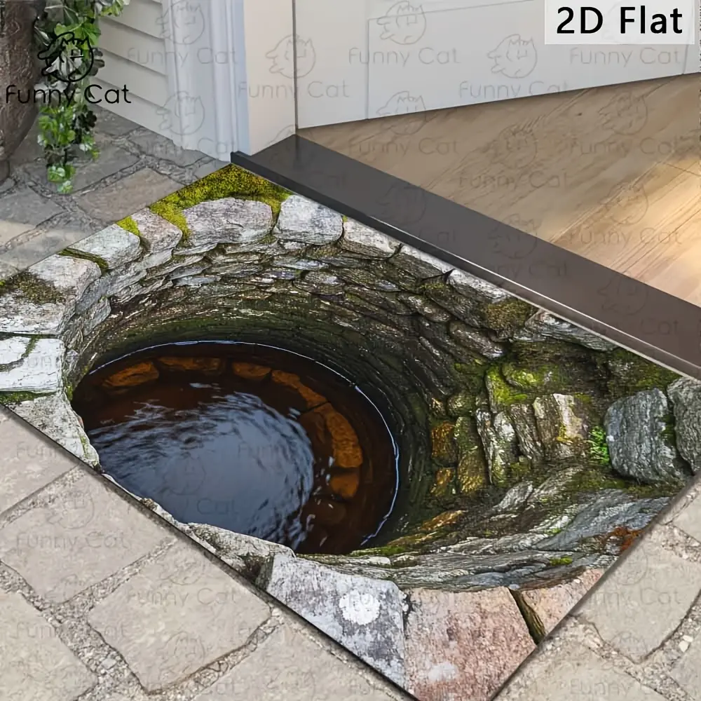 3D Illusion Deep Well Flannel Doormat, Funny Optical Illusion Stone Well Non‑Slip Welcome Mat, Decorative Floor Rug for Entryway Indoor Home, Hilarious Prank Housewarming Gift