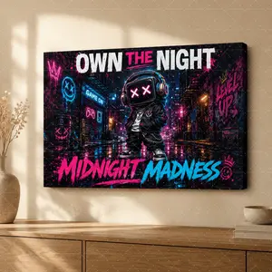 Own The Night Midnight Madness Cyberpunk Canvas Poster, Neon Urban Streetwear Wall Art, Cool Graffiti Character Print for Teen Bedroom, Gaming Room, Living Room, Modern Aesthetic Home Decor Gift,wall decor,poster.