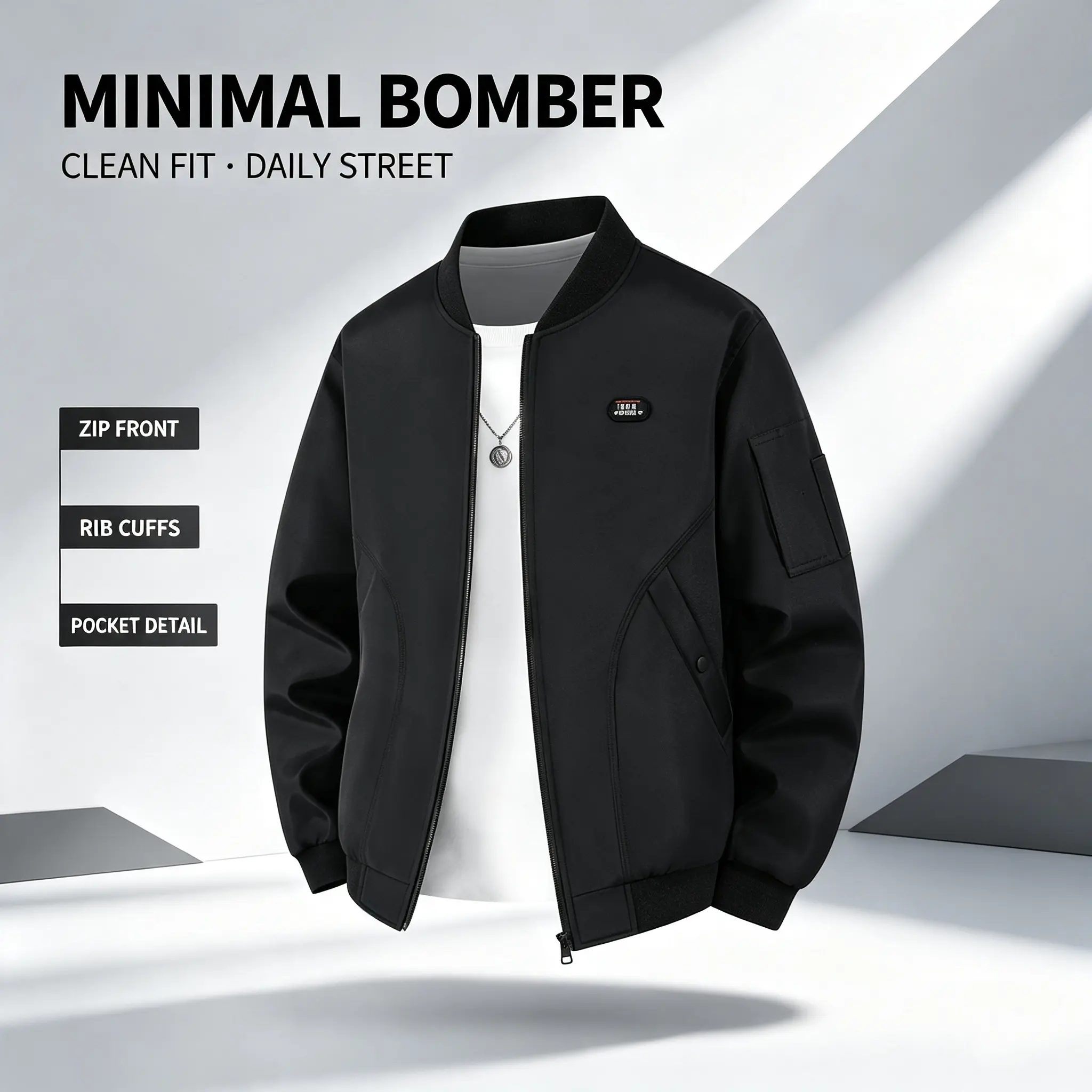 Men's Classic Baseball Bomber Jacket Zip Up Stand Collar Casual Street Windbreaker With Chest Logo Tag