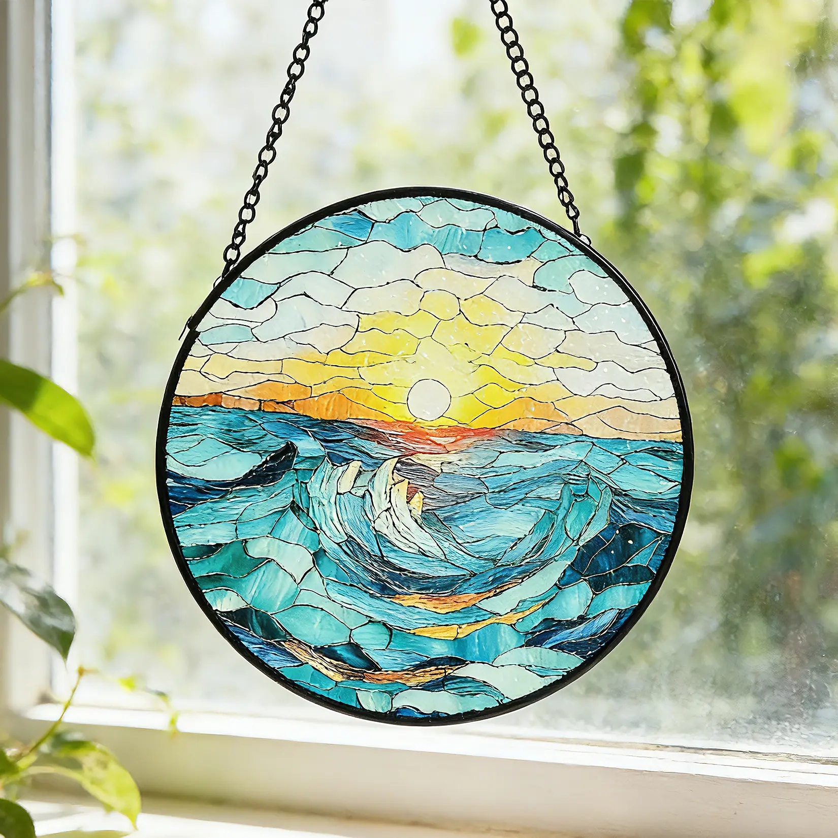 Ocean Sunset Stained Glass Suncatcher - 7.87" Round Hanging Window Decor with Sea Wave Art - Indoor Ornament with Hanging Chain & Gift Box - Ideal for Home or Wall Decoration
