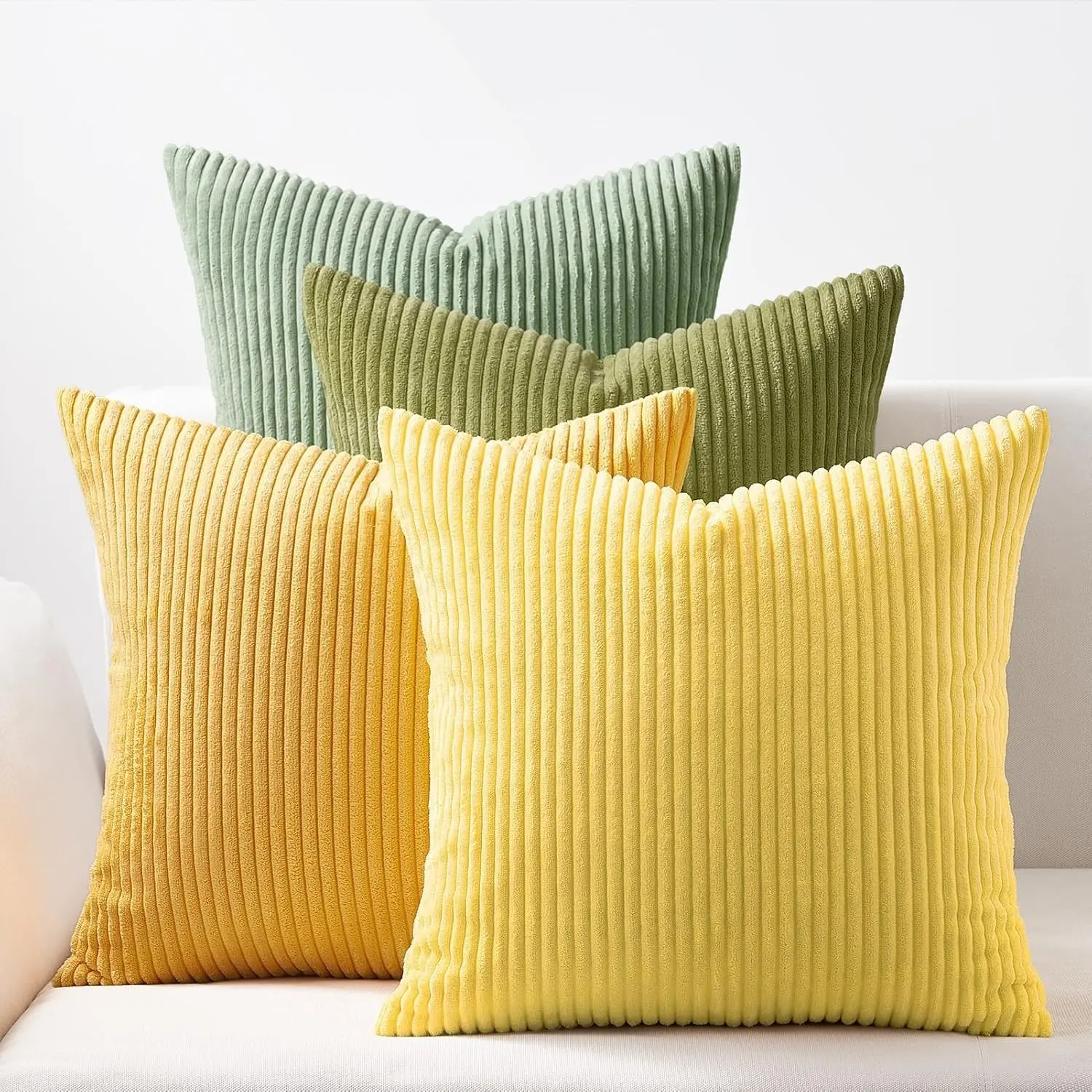 Striped Corduroy Decorative Throw Pillow Covers, 18x18 in Set of 4 Pieces, Sage Green-Yellow Color-Clash Cushion Cases for Bedroom, Couch, Summer Indoor Home Decor, Four Pieces