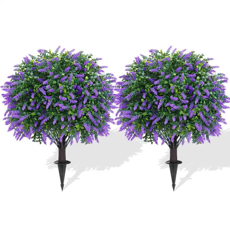 2 Pack Purple Artificial Lavender Topiary Balls with Ground Stake | UV Resistant No Fade Faux Plant | Outdoor Garden Porch Patio Decor