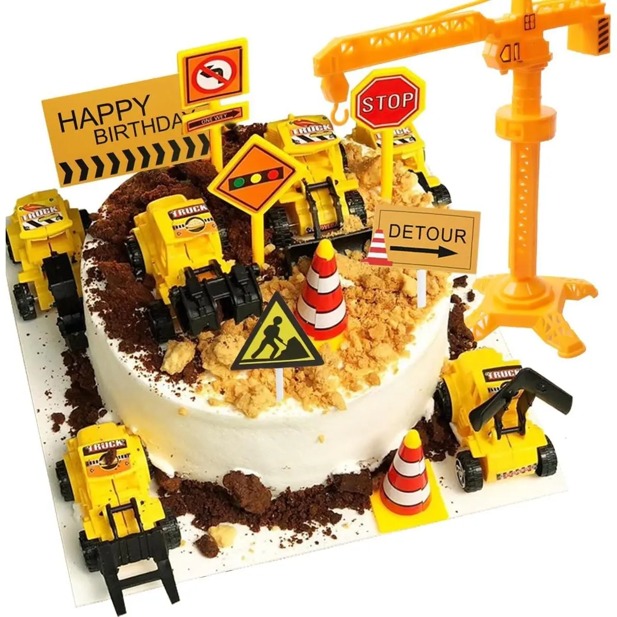 Construction Cake Topper, 18 PCS Construction Cake Decorations Set Excavator Tower Crane Cupcake Topper Traffic and Road Sign Decor Happy Birthday Party Supplies Favors