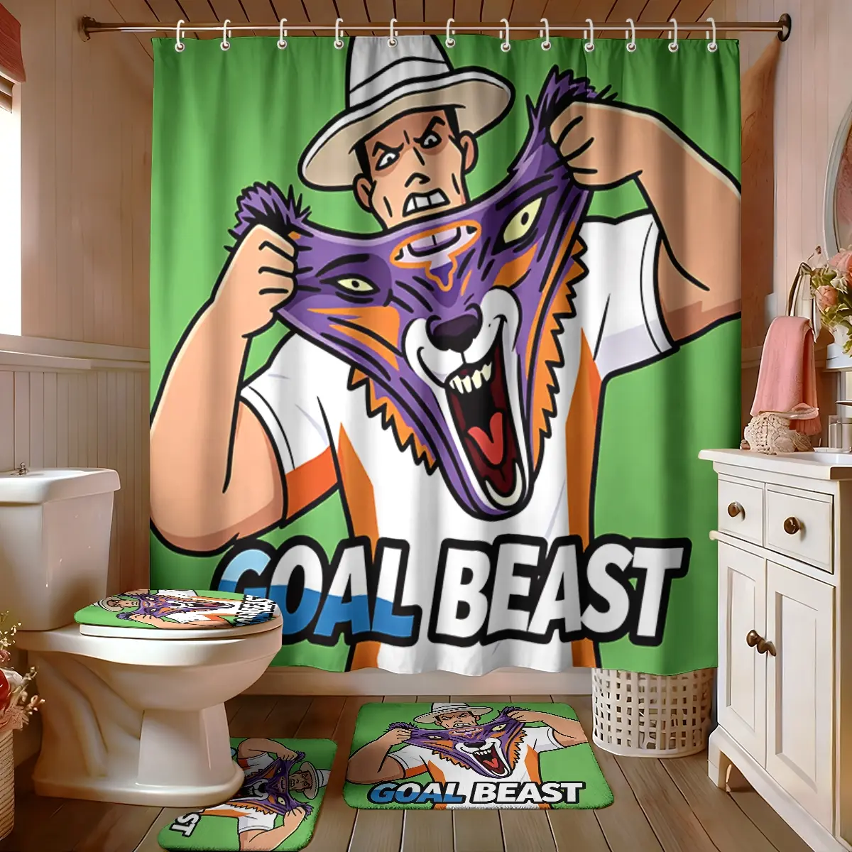 This is a description of a four-piece bathroom set featuring cartoon characters and a "GOAL BEAST" slogan, including a non-slip mat, toilet cover, and bath mat. It's a modern bathroom decoration set that comes with 12 hooks.
