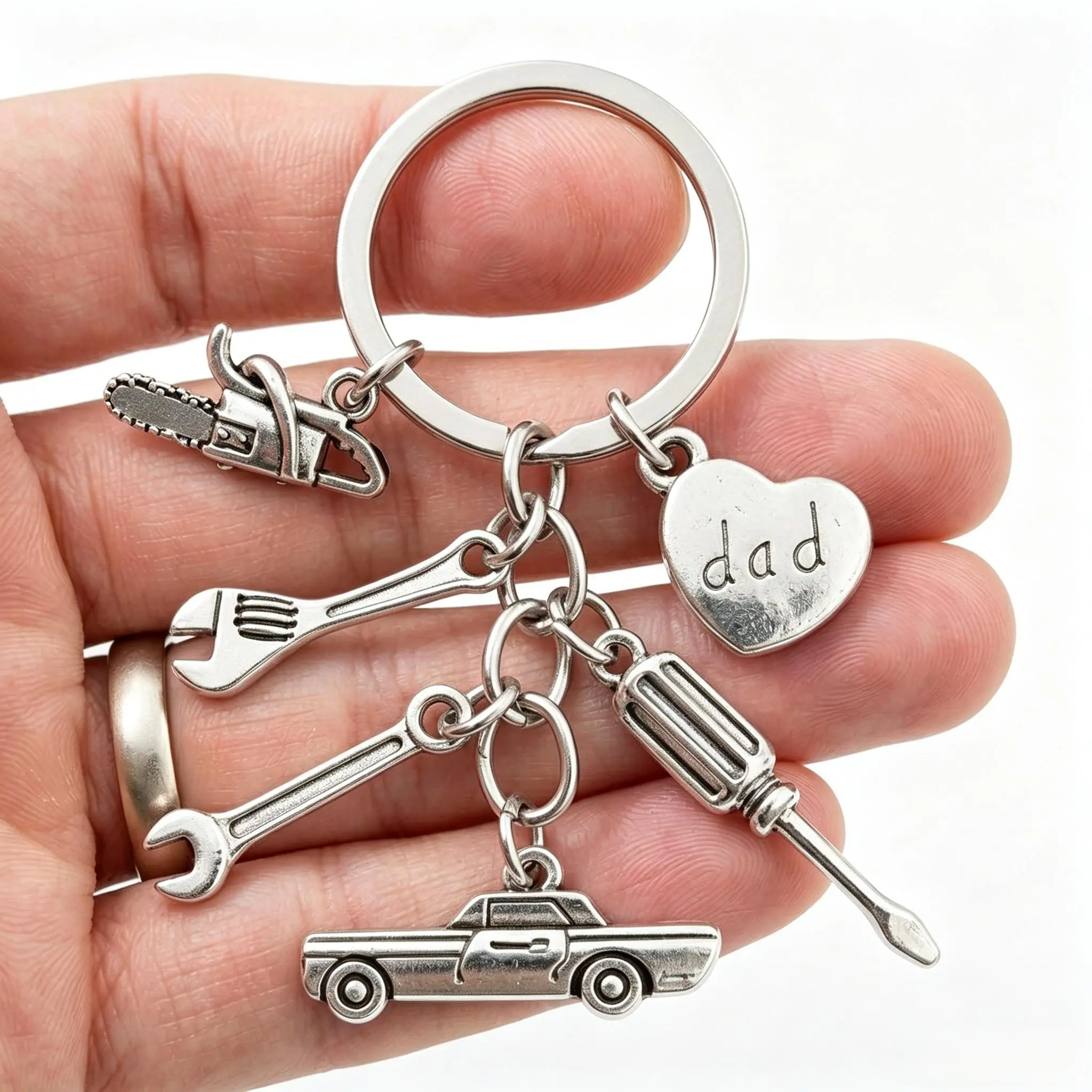 Alloy Dad Metal Keychain with Mini Hand Tools, 6 Pendants & Vintage Car Charms, Thoughtful Gift for Mechanic, Handyman & Car-Loving Fathers for Father’s Day, Birthday, Christmas, Daily, Durable, Portable, Perfect Present