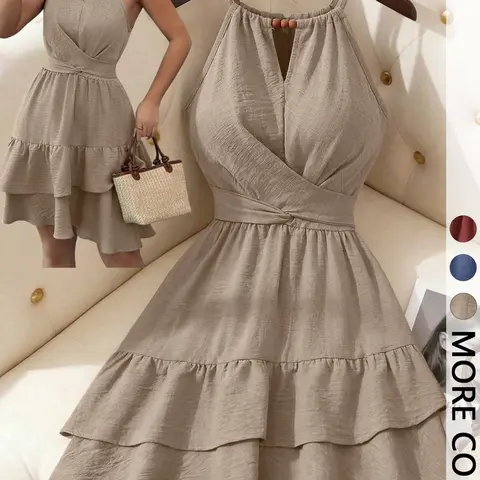 Women's Halter Neck Short Dress, Sleeveless Beaded Cross Wrap Bust, Self-Tie Waistband, Double Tier Ruffle Skirt, Loose Flowy Cut, No Pockets, Summer Dress for Beach Vacation, Daily Outing & Afternoon Tea