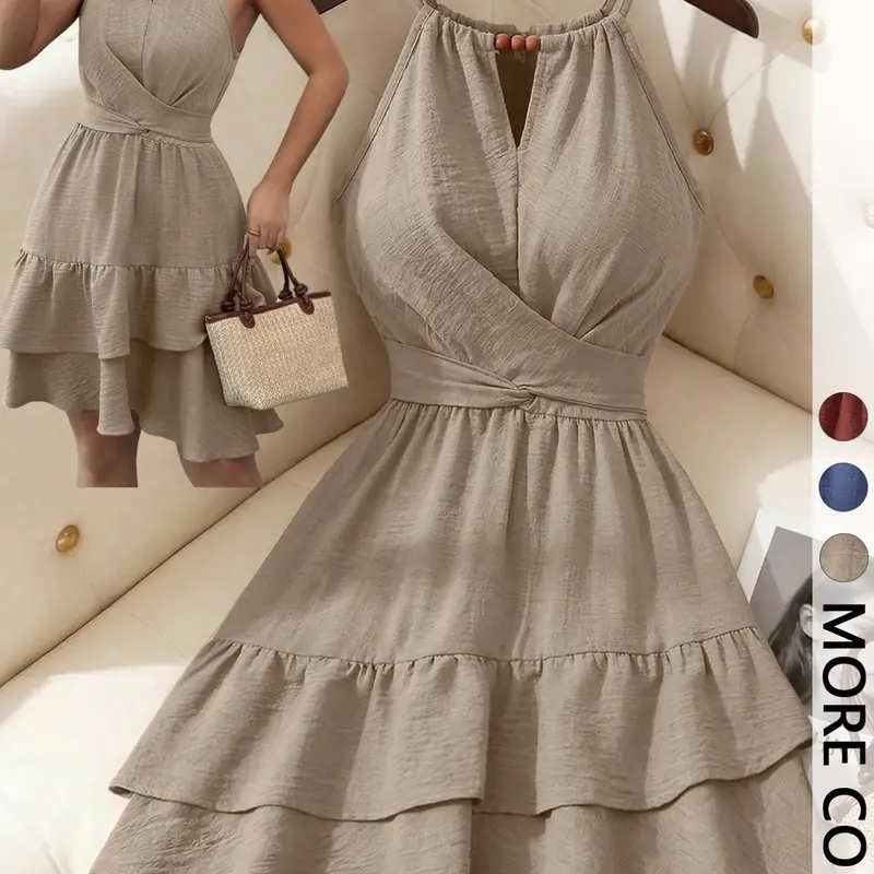 Women's Halter Neck Short Dress, Sleeveless Beaded Cross Wrap Bust, Self-Tie Waistband, Double Tier Ruffle Skirt, Loose Flowy Cut, No Pockets, Summer Dress for Beach Vacation, Daily Outing & Afternoon Tea