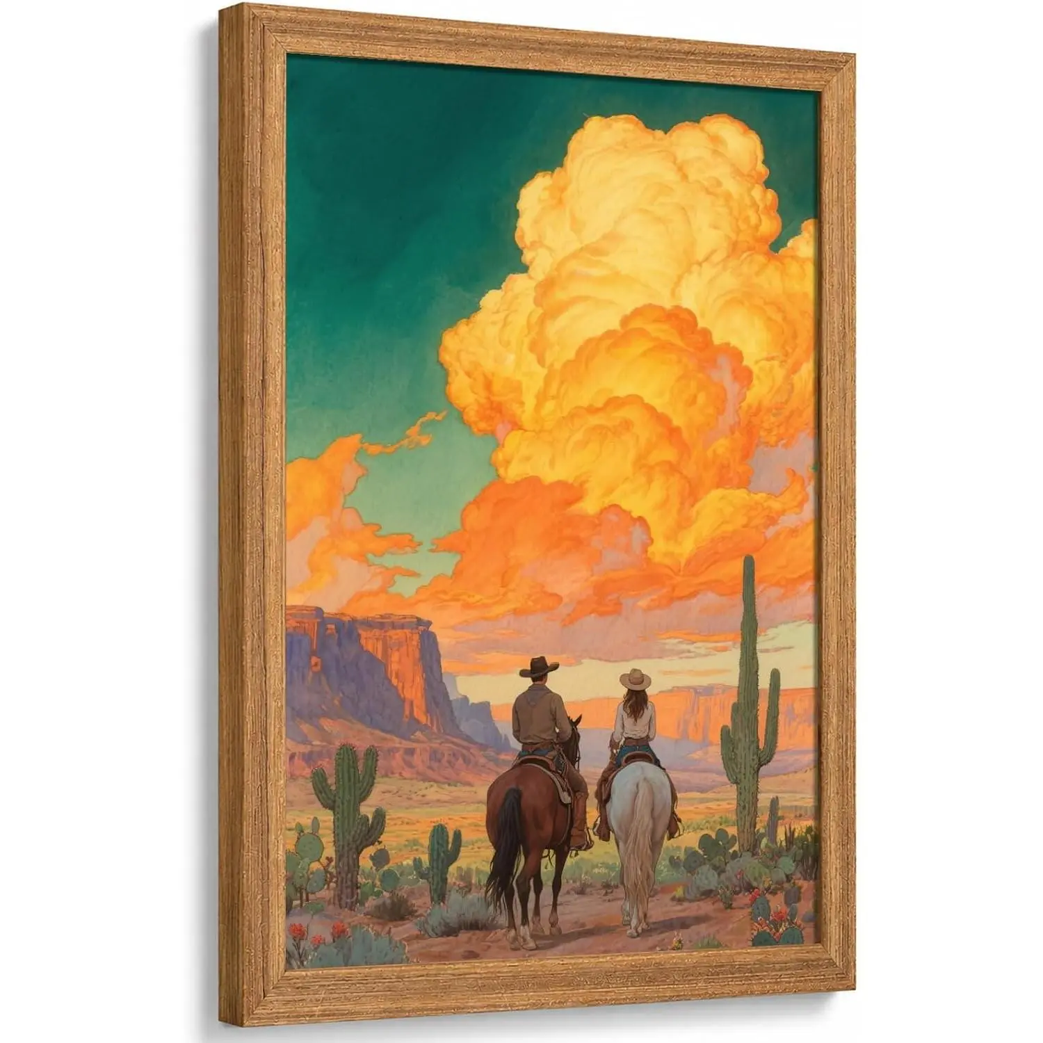 JOSQTXZ Western Cowboy Wall Art, Desert Landscape Canvas Print, Vintage Western Style Wall Decor, 12"x16" Framed Country Mountain Landscape Wall Art for Living Room Bedroom Office