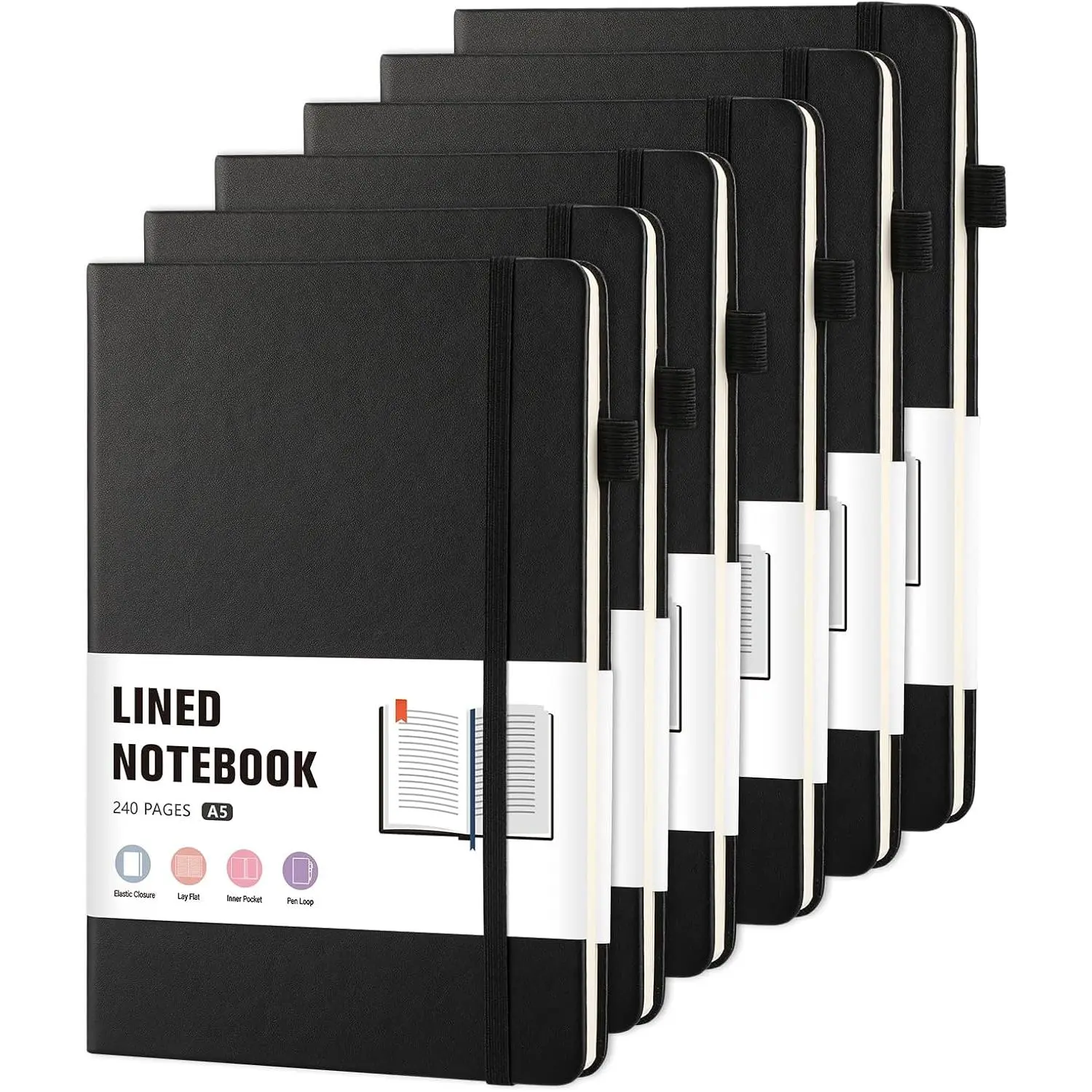 6 count A5 Hardcover Leather Journals with Pen Loop, Bookmark & Inside Pocket, 120 Sheets Ruled Blank Paper, Black Journal Notebooks for Office School Business Travel