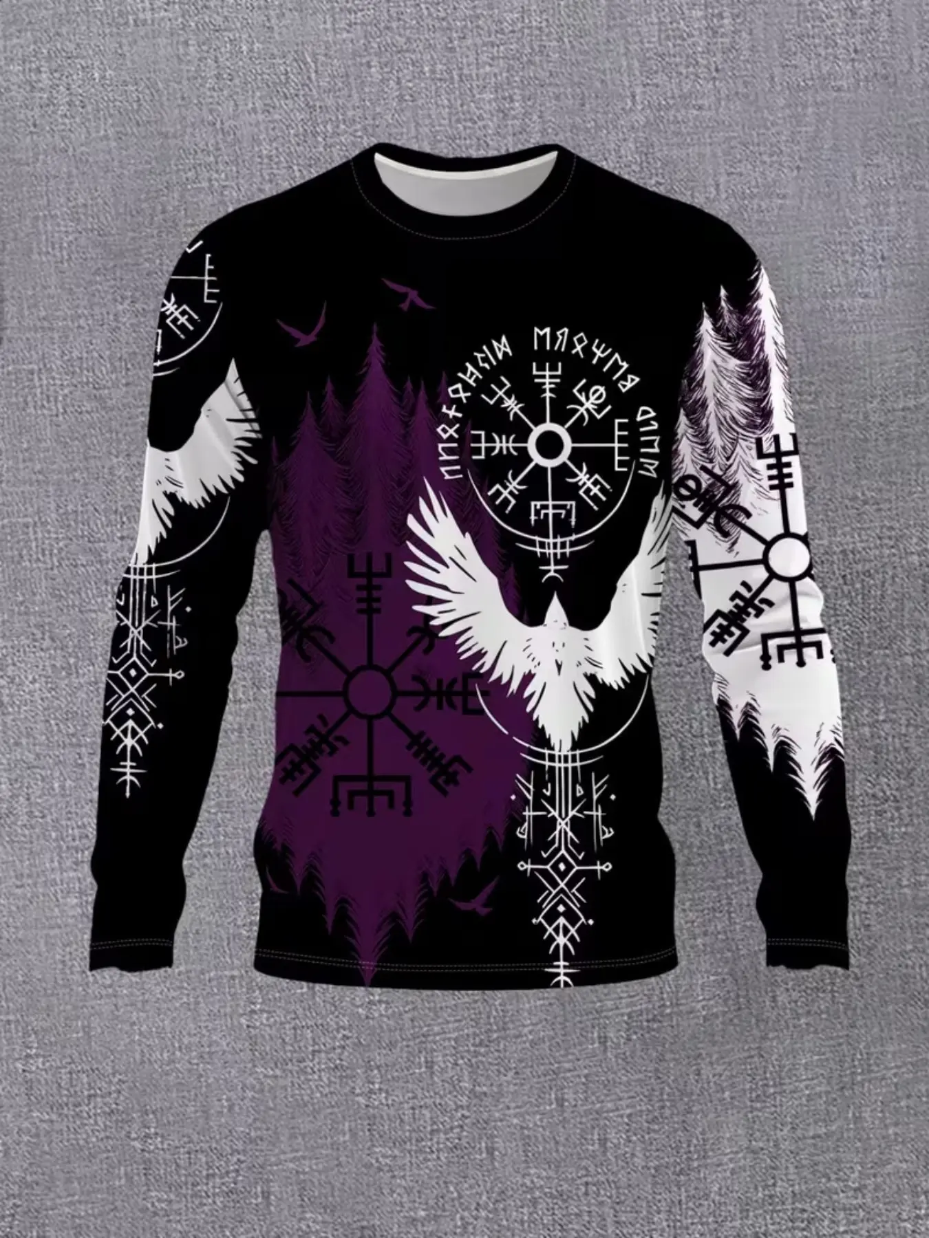 Viking Style Raven Rune Forest Print Round Neck Long Sleeve T-Shirt for Men, Slim-Fitting All-Over Print, Unlined, No Button, All Seasons