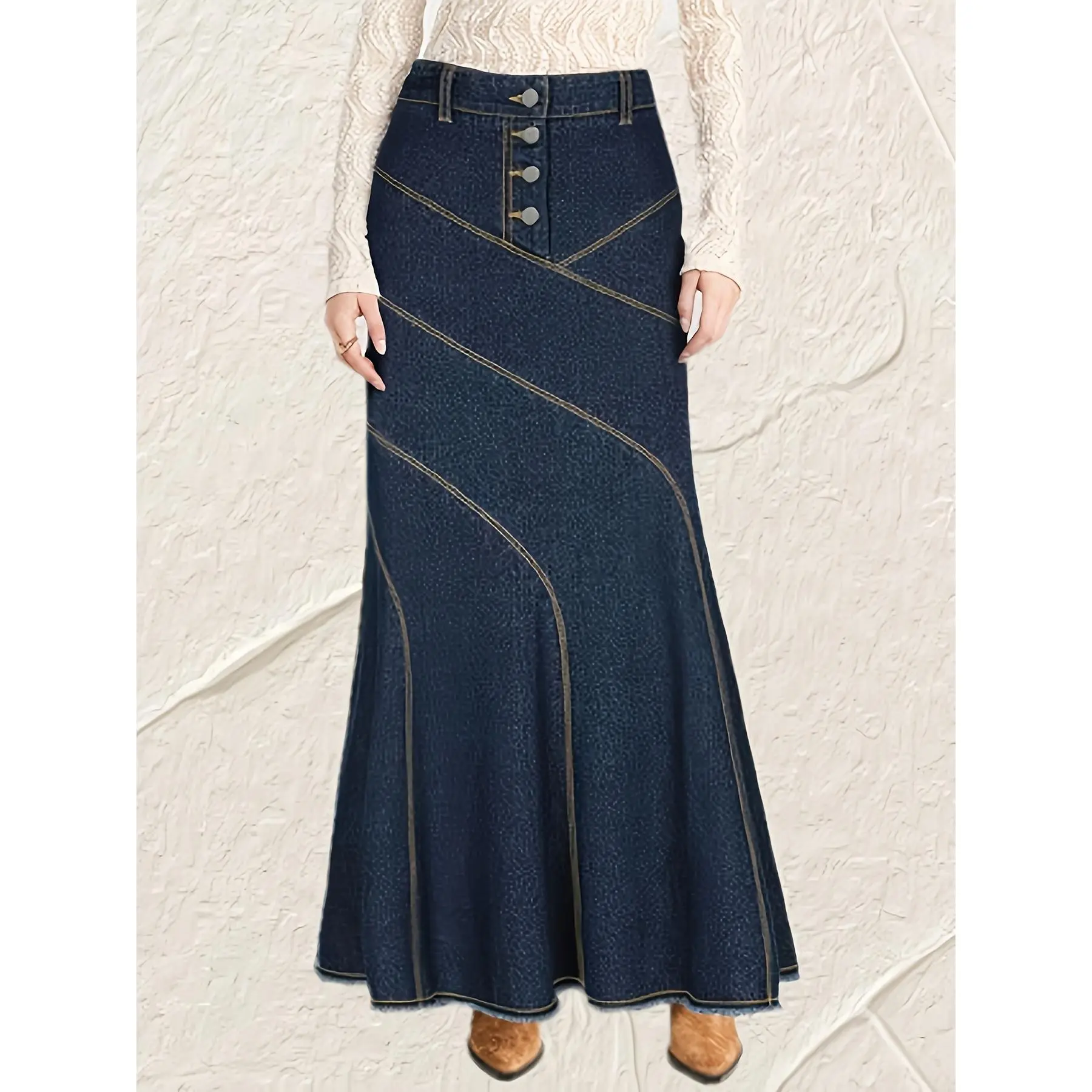 Women's Basic Mid-Waist Denim Skirt - Solid Color, Knee-Length, Stretch Cotton Blend Bottoms with Wavy Edge Hem