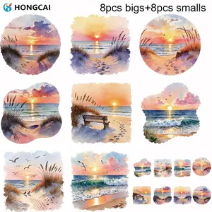 Beach Sunset Watercolor Heat Transfer Stickers, 16 Pcs Set, Waterproof DIY Clothes Patch, T-Shirt Hoodie Canvas Bag Decoration