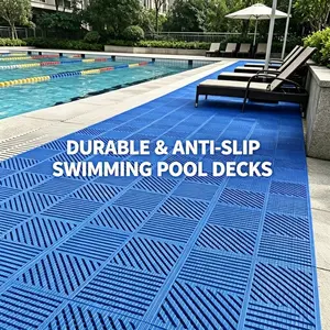 Blue PVC Non-Slip Interlocking Floor Mat, 12x12 Inch, Modular Drainage Pad, Soft Durable Bathroom Rug, Pool Safety Mat, Indoor Outdoor Use