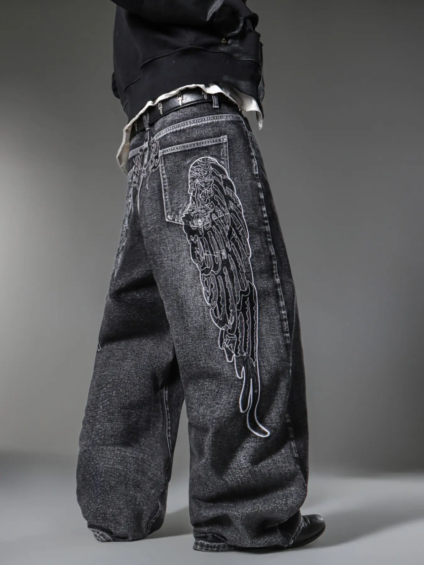 Men's Denim Jeans with Wing Embroidery, Comfortable Loose Baggy Fit Daily Wear, Y2K Street Style Fashion for All Seasons, Multiple Sizes Available