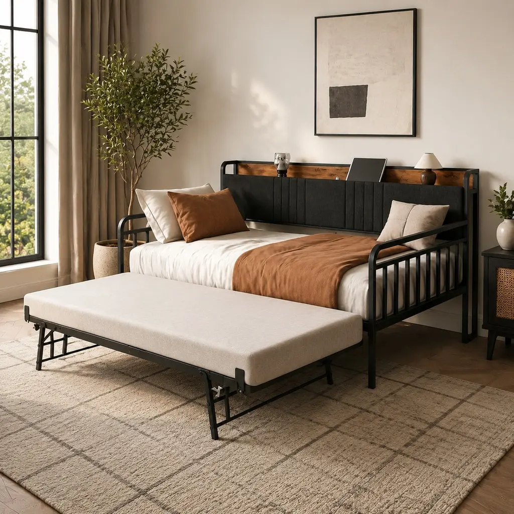 Twin Metal Daybed with Trundle, Sturdy Indoor Bed Frame with Upholstered Headboard & Charging Station, Black, for Living Room & Bedroom, Small Space Furniture