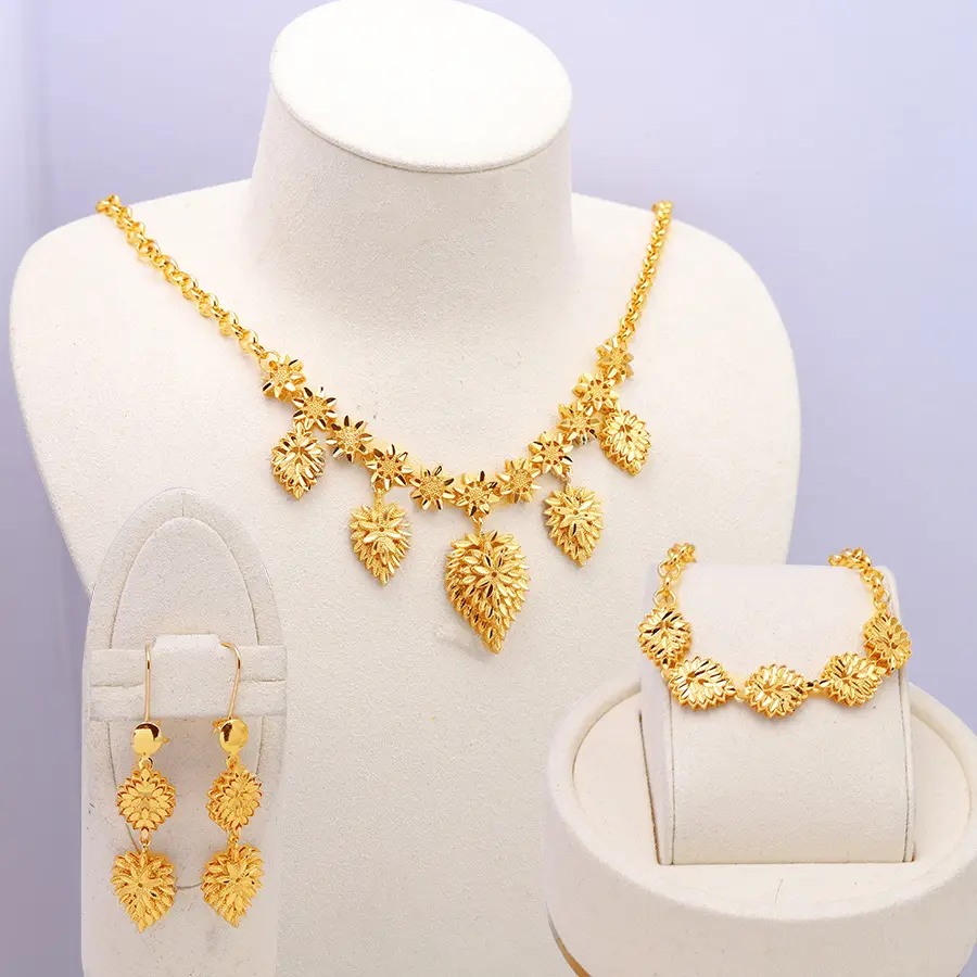 Women's 24K Gold Jewelry Set - Dubai Necklace, Earrings, Bracelet 3-Piece Set for Wedding (European and American Style)