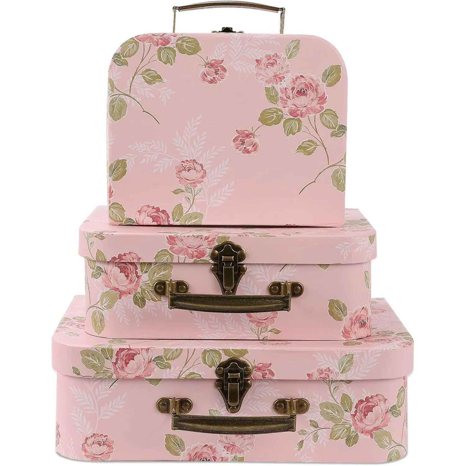 Set of 3 Paperboard Suitcases Storage Box Storage Gift Boxes With Lids for Photo Storage Home Decoration, Wedding, Birthday, Anniversary and New Year Gift Decoration (3Pcs, Pink Flowers)