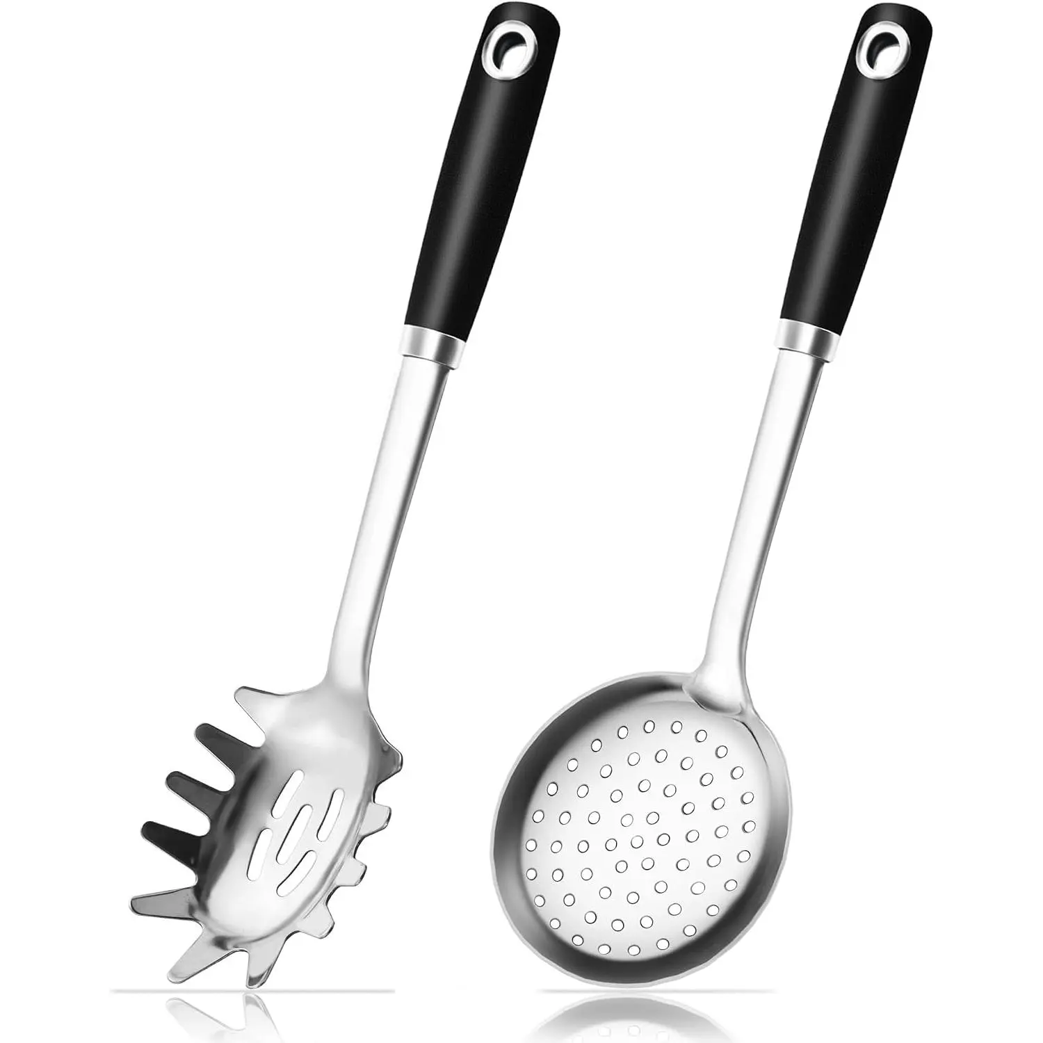 18/0 Stainless Steel Spaghetti Spoon & Slotted Spoon for Cooking, Heavy Duty Frying Spoon Pasta Strainer Skimmer, Cooking Utensils Commercial and Residential Use, Pack of 2