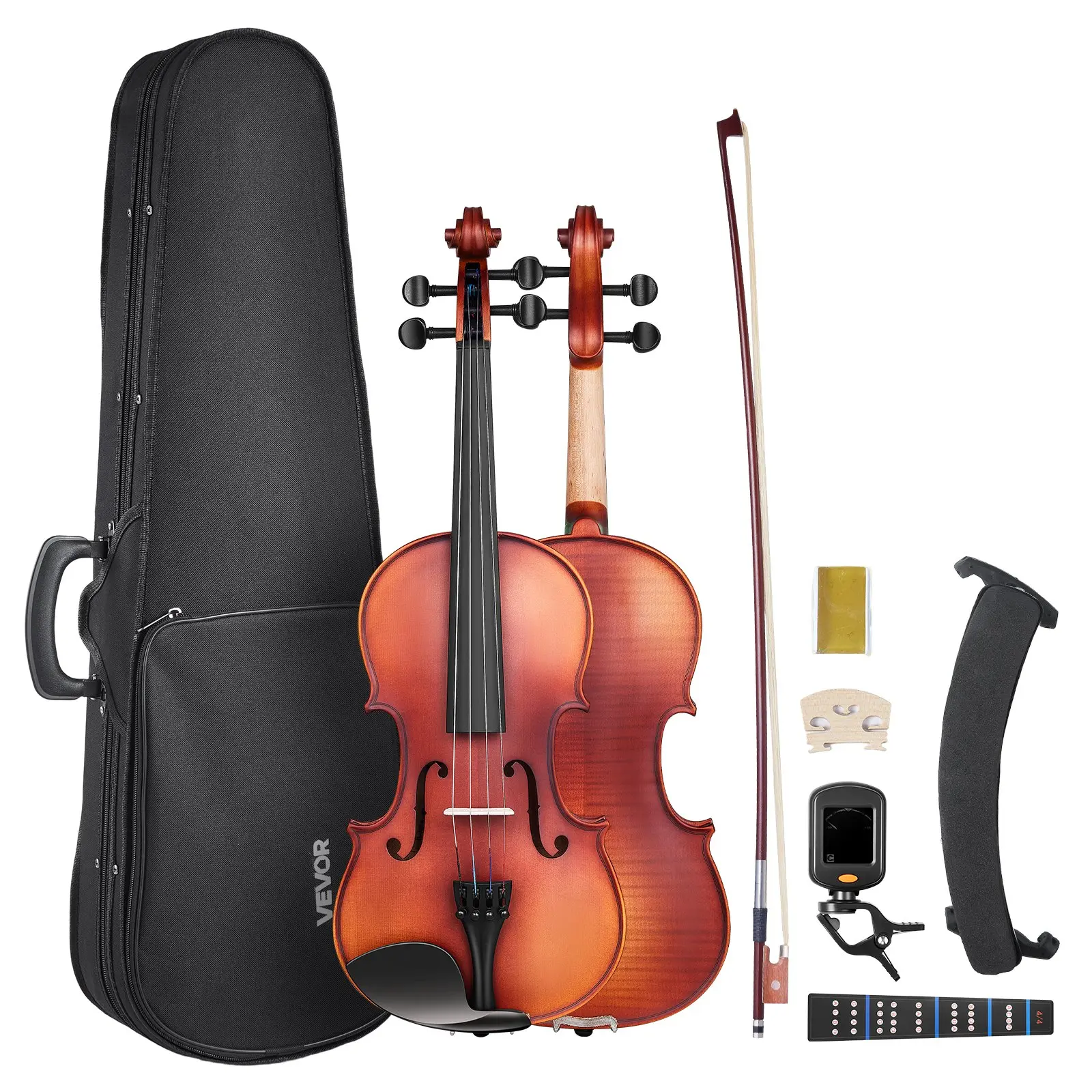 VEVOR 4/4 Scale Violin for Adults 12+, Professional Solidwood Beginner Play Fiddle Set with Hard Case, Rosin, Bow, Shoulder Rest, Bridge, Extra Strings, Tuner (Matte Brown Patterned)