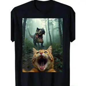 Cat Selfie With T-Rex Dinosaur T-Shirt for Cat Lovers Funny Pet Tshirt Graphic Tees for Men Women Kids Unique Dino Cat Photo Shirt Cool Summer Casual Top