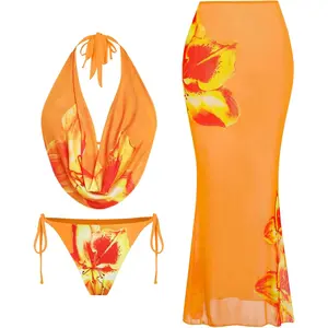 Women's 3 Piece Floral Swimsuit Draped Neck Halter Bikini Tie Side Bathing Suit with Sheer Cover Up Skirt