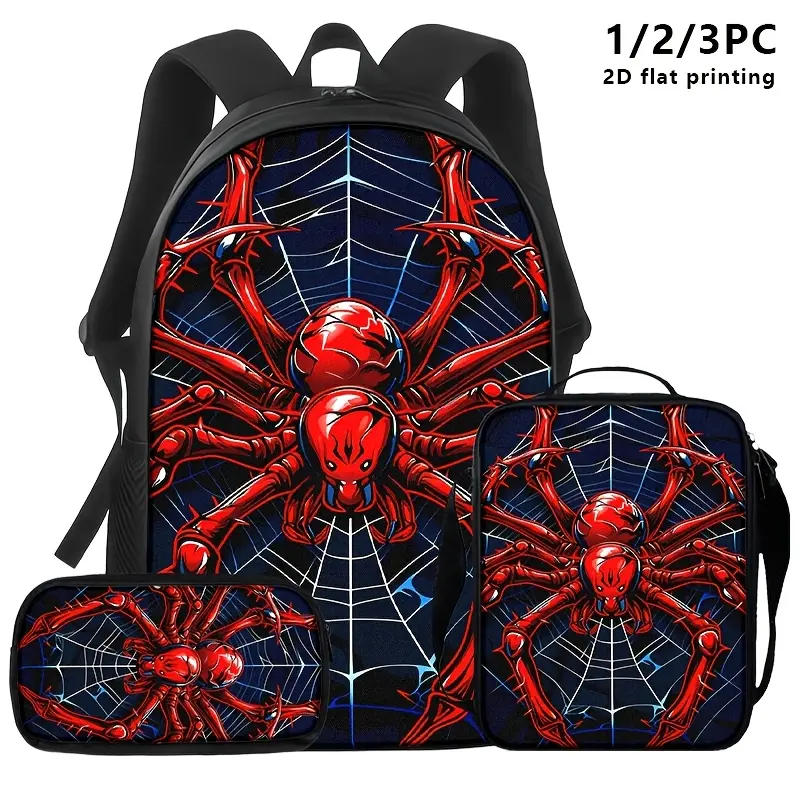 1pc/3pcs Backpack Set, Shoulder Bag, Pouch with Red Spider/Web 2D Print; Dark Sci-Fi Style#backto school#Backpack set#school gifts, 17in Bookpack
