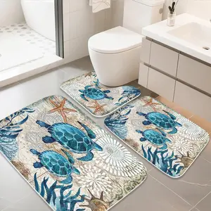 Nautical Sea Turtles Blue Ocean Beach Bathroom Rugs and Mats Sets 3 Piece, Memory Foam Bath Mat, U-Shaped Contour Shower Mat Non Slip Absorbent, Velvet Washable 20 x 31 inch