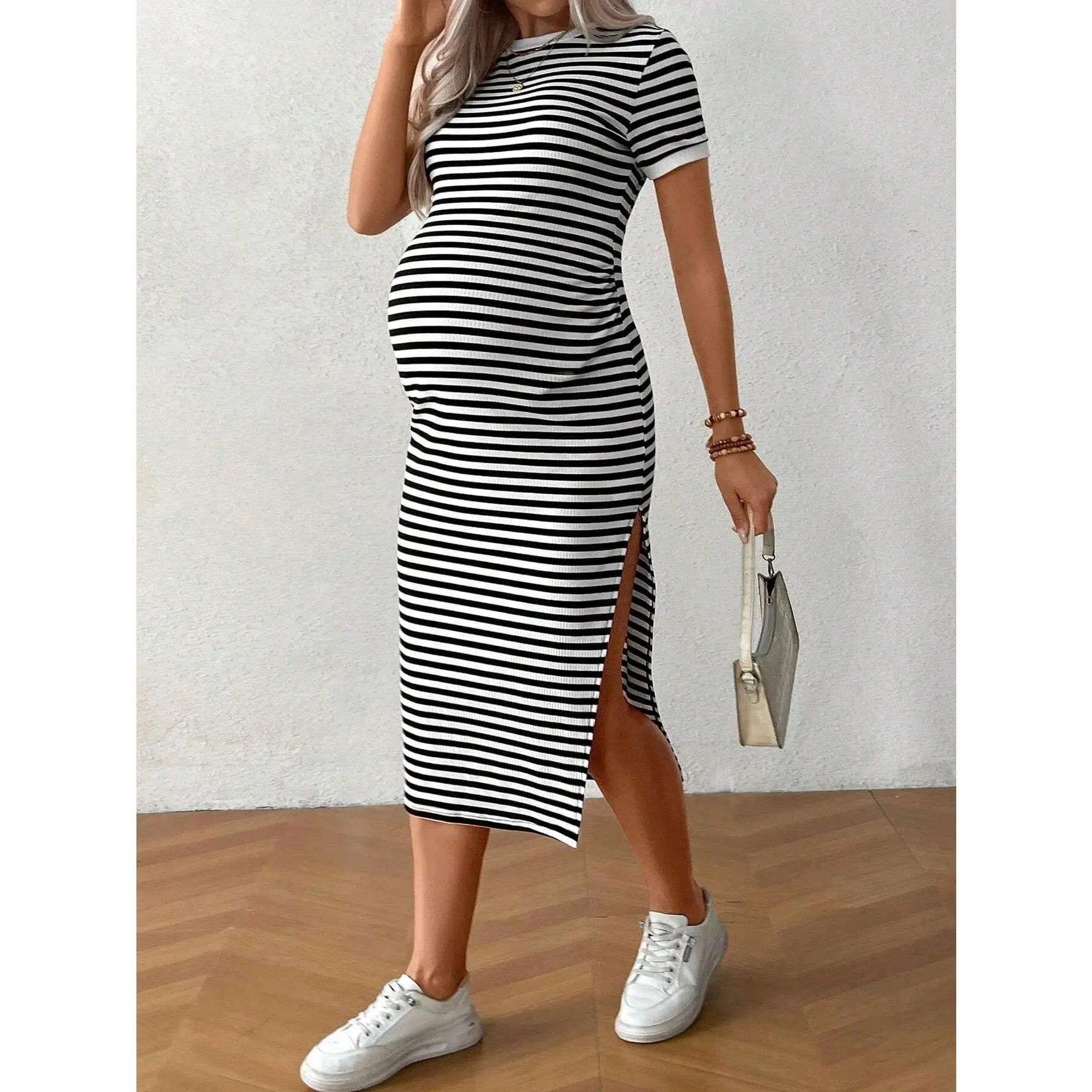 Pregnancy clothesWomen's Summer Striped Crew Neck Short-Sleeve Slim-Fit Hip-Hugging Maternity Dress - Bump-Friendly Pregnancy Casual Clothing for Girl Mamas