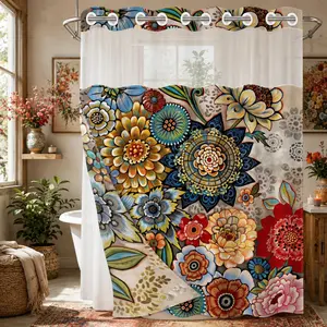 1 Piece No Hook Double Layer Shower Curtain, Boho Mandala Floral Print Bath Curtain, Boho Shower Curtains For Bathroom, Waterproof, Mildew Resistant, Durable Fabric, Ethnic Home Decor, Removable Liner, Top See-Through Window, Partition Curtain 71"×74"